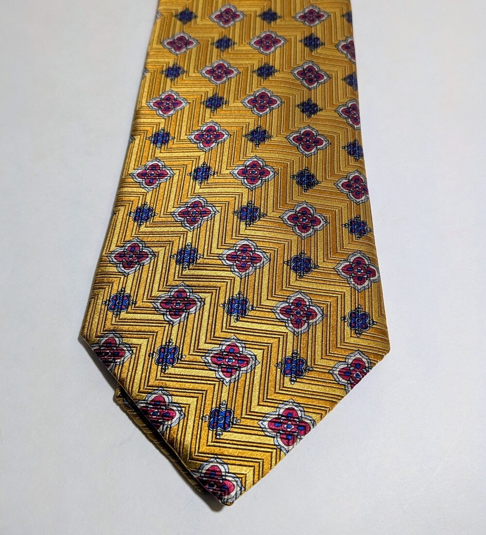 Jos A Bank Signature Gold Limited Edition Mens Silk Necktie Gold Blue Geometric